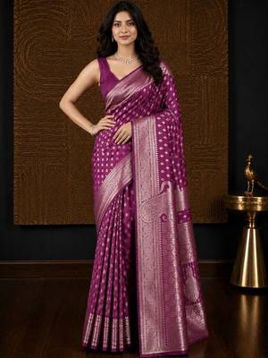 Pink woven design zari silk blend banarasi saree 4