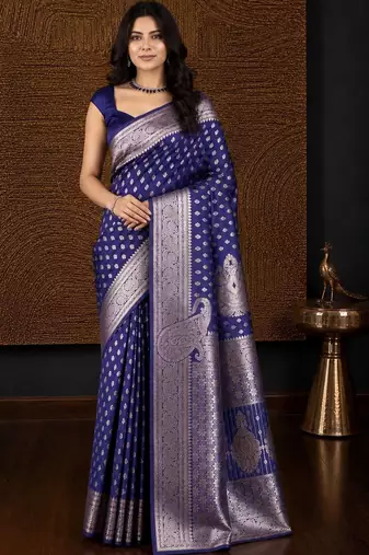 Blue woven design zari silk blend banarasi saree