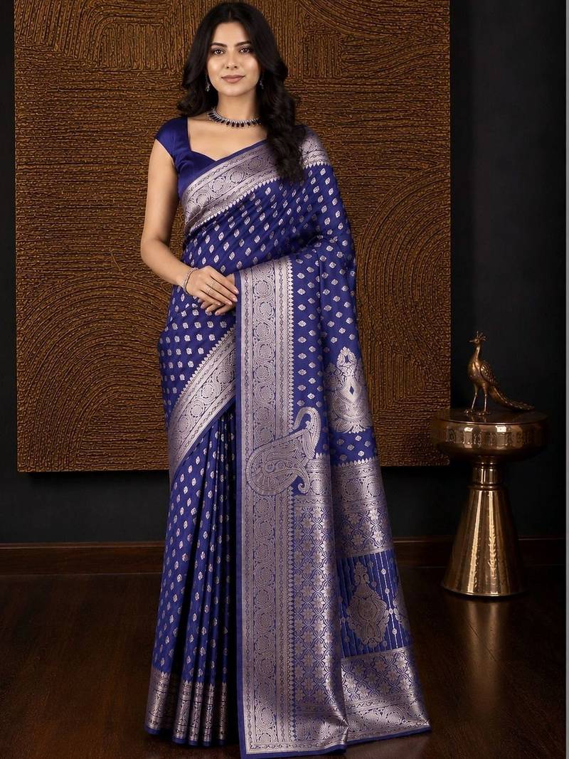 Blue woven design zari silk blend banarasi saree