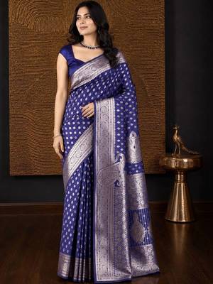 Blue woven design zari silk blend banarasi saree 3