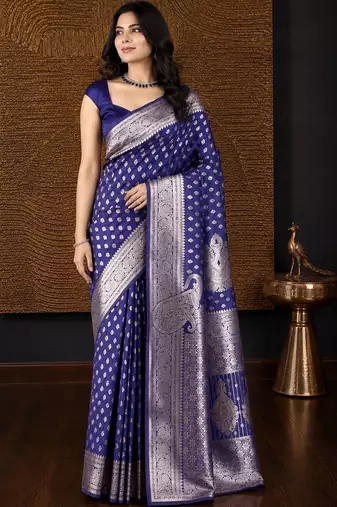 Blue woven design zari silk blend banarasi saree
