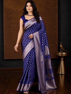 Blue woven design zari silk blend banarasi saree 4