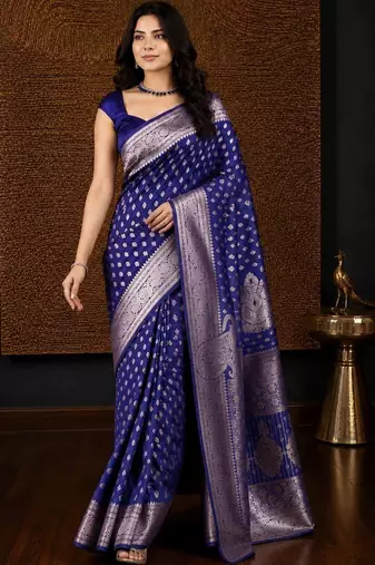Blue woven design zari silk blend banarasi saree