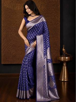 Blue woven design zari silk blend banarasi saree 5