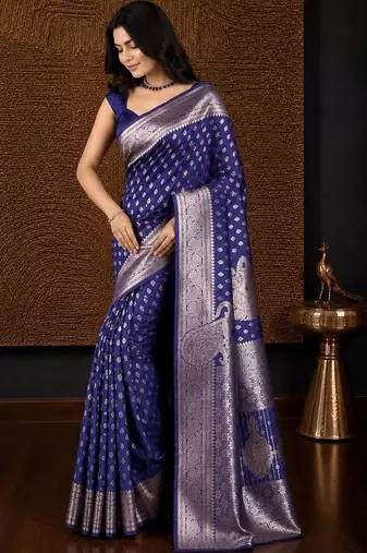 Blue woven design zari silk blend banarasi saree