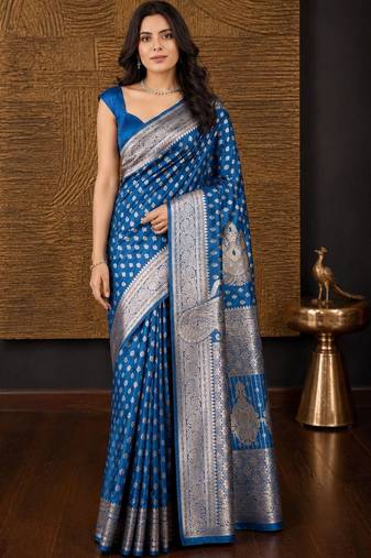 Blue ethnic motifs zari silk blend banarasi saree