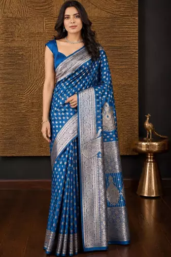 Blue ethnic motifs zari silk blend banarasi saree