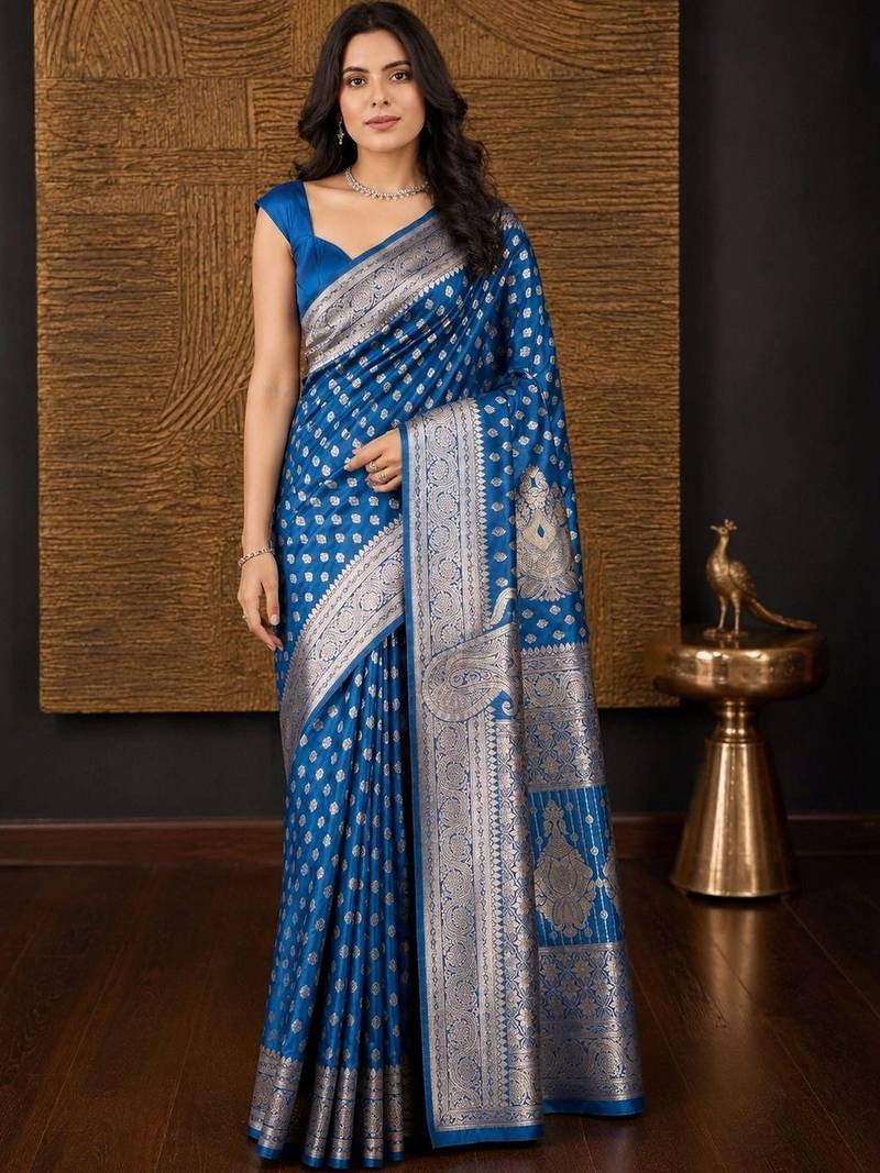 Blue ethnic motifs zari silk blend banarasi saree