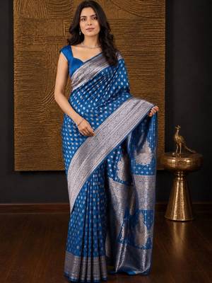 Blue ethnic motifs zari silk blend banarasi saree 2