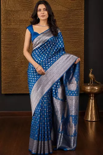 Blue ethnic motifs zari silk blend banarasi saree
