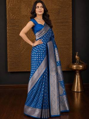 Blue ethnic motifs zari silk blend banarasi saree 4