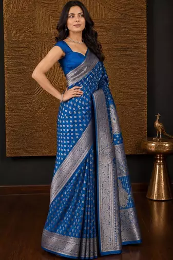 Blue ethnic motifs zari silk blend banarasi saree