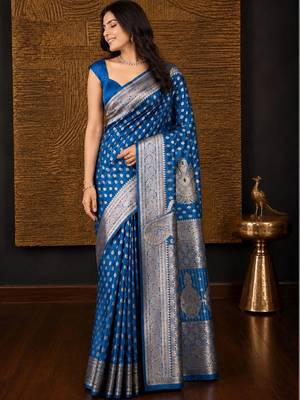 Blue ethnic motifs zari silk blend banarasi saree 5