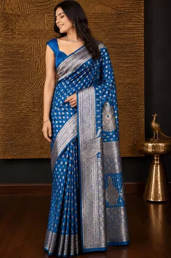 Blue ethnic motifs zari silk blend banarasi saree