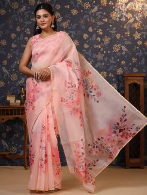 Pink floral printed gotta patti organza saree 1