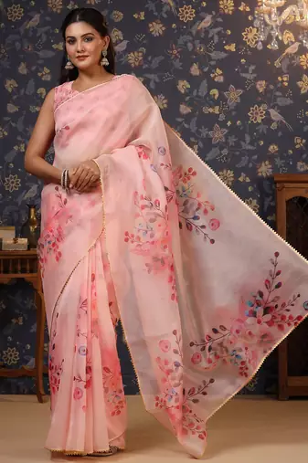 Pink floral printed gotta patti organza saree