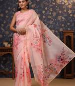 Pink floral printed gotta patti organza saree