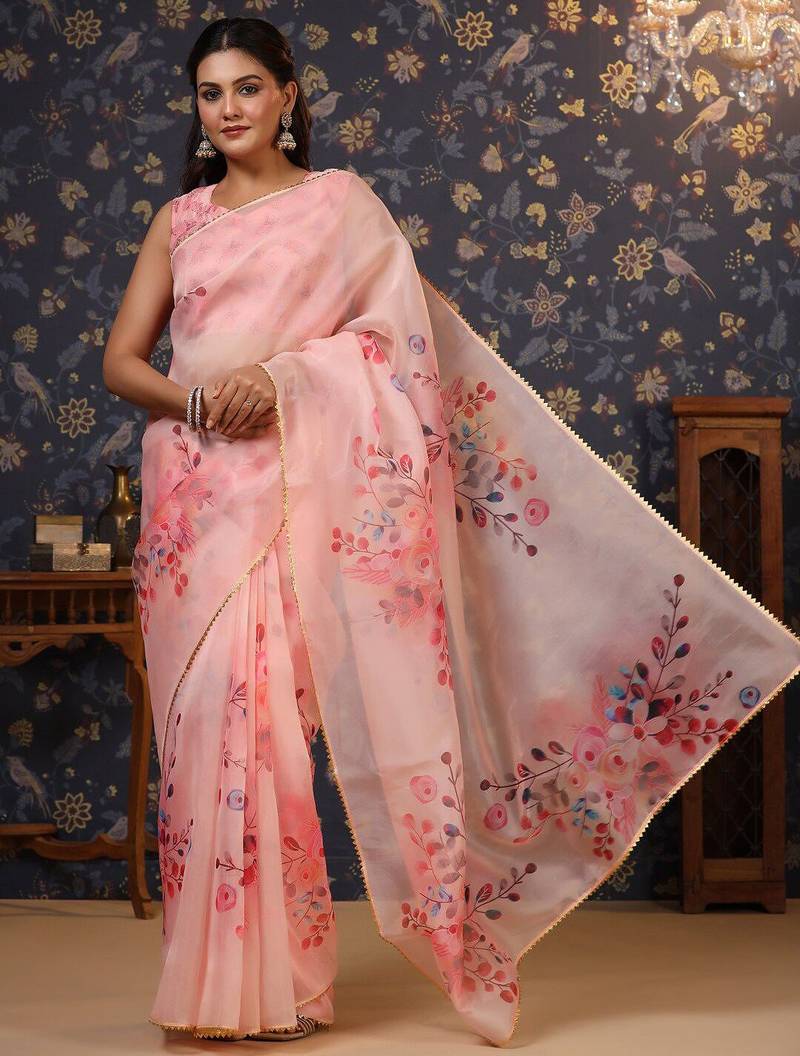 Pink floral printed gotta patti organza saree