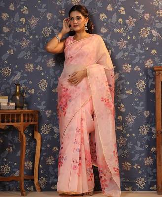 Pink floral printed gotta patti organza saree 2