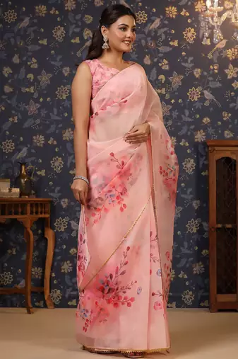 Pink floral printed gotta patti organza saree
