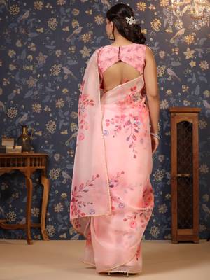 Pink floral printed gotta patti organza saree 4