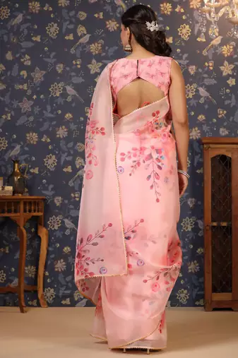 Pink floral printed gotta patti organza saree