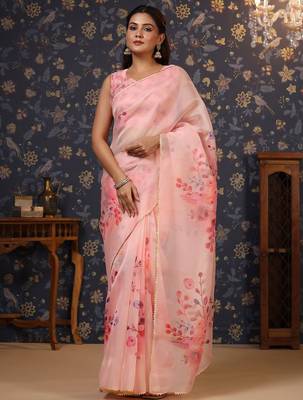 Pink floral printed gotta patti organza saree 5