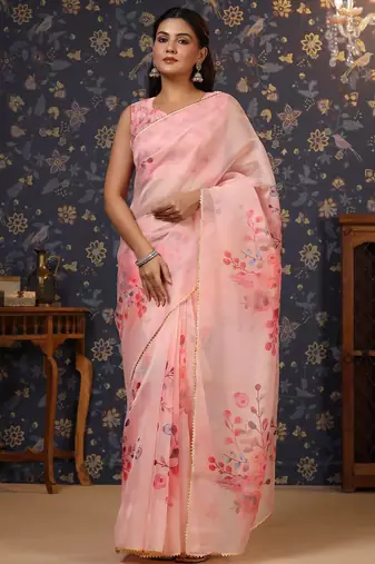Pink floral printed gotta patti organza saree