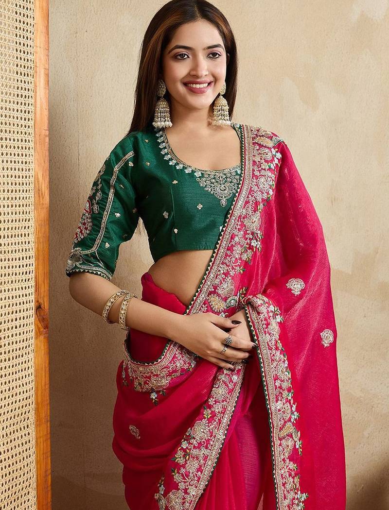 Rose embroidered saree with blouse piece