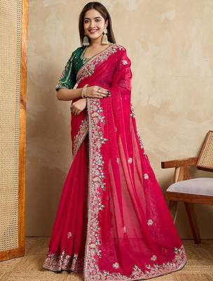 Rose embroidered saree with blouse piece 3