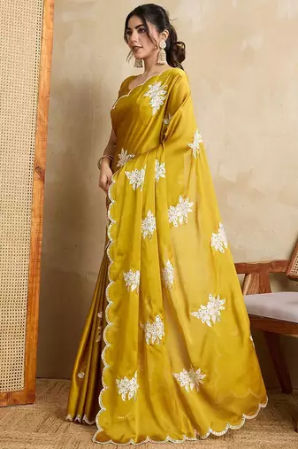 Yellow embroidered saree with blouse