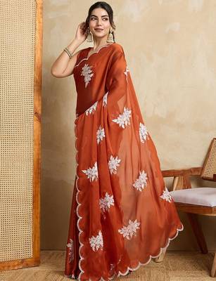 Rust embroidered saree with blouse piece 3