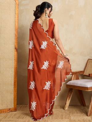 Rust embroidered saree with blouse piece 4