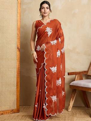 Rust embroidered saree with blouse piece 5