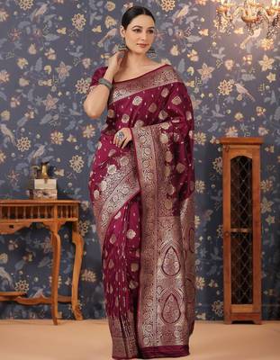 Burgundy women woven design zari banarasi sarees 1