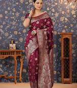 Burgundy women woven design zari banarasi sarees