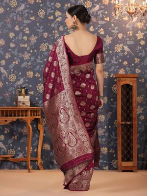 Burgundy women woven design zari banarasi sarees 2