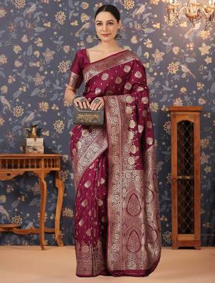 Burgundy women woven design zari banarasi sarees 3