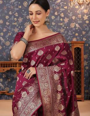 Burgundy women woven design zari banarasi sarees 5