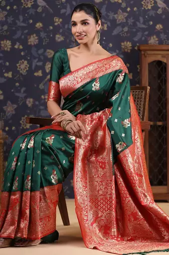 Green woven design heavy work baluchari saree
