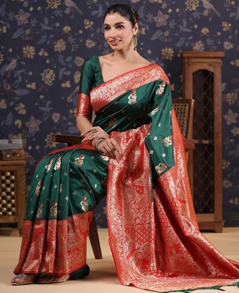 Green woven design heavy work baluchari saree