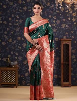 Green woven design heavy work baluchari saree 2