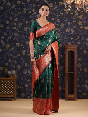 Green woven design heavy work baluchari saree 3