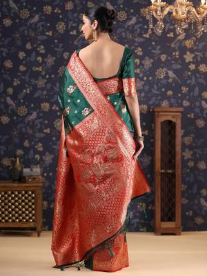 Green woven design heavy work baluchari saree 4