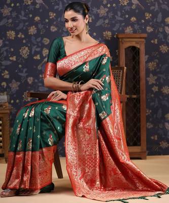 Green woven design heavy work baluchari saree 5