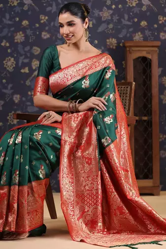 Green woven design heavy work baluchari saree