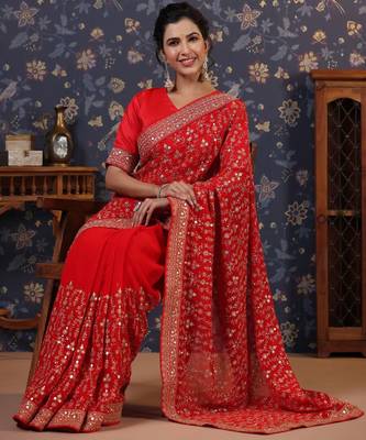 Red embroidered pure georgette heavy work saree 1