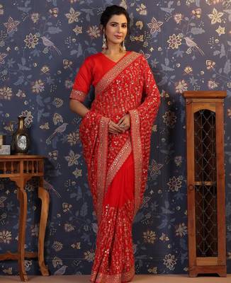 Red embroidered pure georgette heavy work saree 2