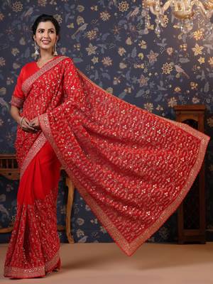Red embroidered pure georgette heavy work saree 3