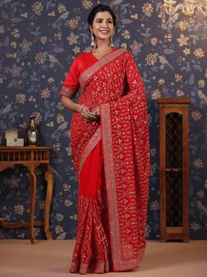 Red embroidered pure georgette heavy work saree 4